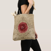 Shabby Chic Antiek Single Red Rose Script Tote Bag (Dichtbij)