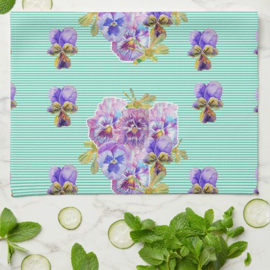 Shabby Chic Aqua Pansy Floral Kitchen Tea Towel Theedoek (Gevouwen)
