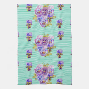 Shabby Chic Aqua Pansy Floral Kitchen Tea Towel Theedoek