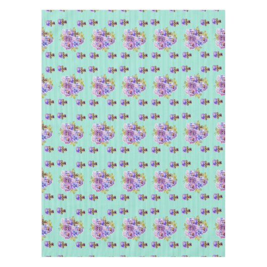 Shabby Chic Aqua Stripe Pansy Floral Tablecloth Tafelkleed (Voorkant)
