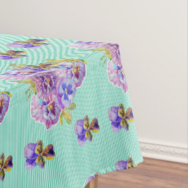 Shabby Chic Aqua Stripe Pansy Floral Tablecloth Tafelkleed