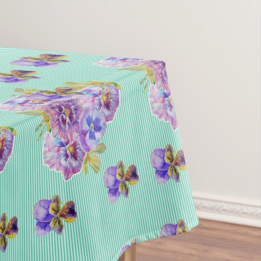Shabby Chic Aqua Stripe Pansy Floral Tablecloth Tafelkleed (Voorbeeld)