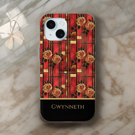 Shabby Chic Art Decor Rood en Goud Rozen Monogram iPhone 15 Case