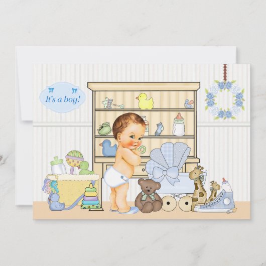Shabby Chic Baby Blue Baby shower Invitation Kaart (Voorkant)