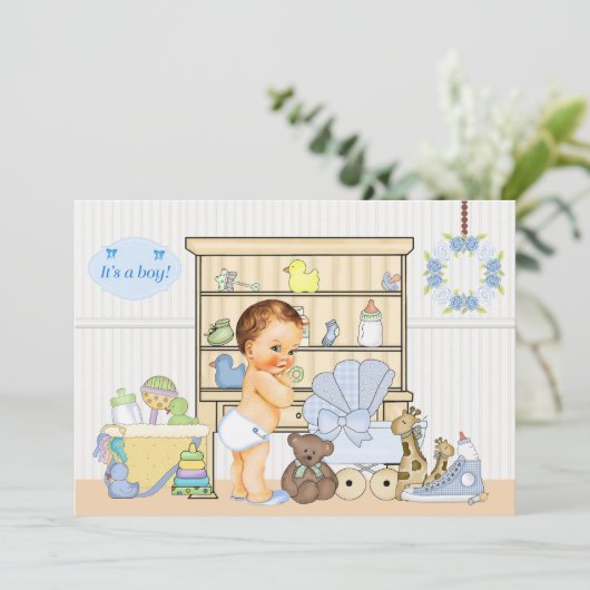 Shabby Chic Baby Blue Baby shower Invitation Kaart (Staand voorkant)