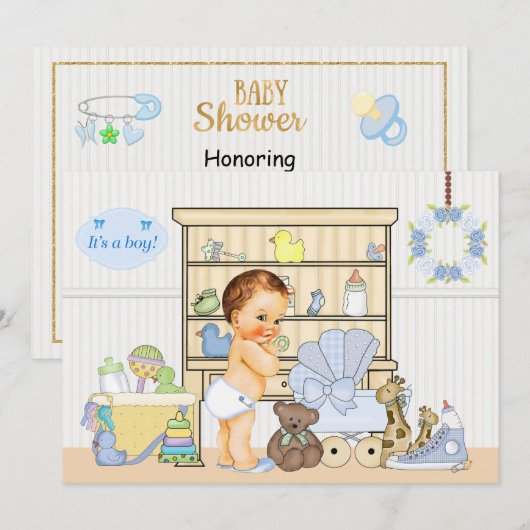 Shabby Chic Baby Blue Baby shower Invitation Kaart (Voorkant / Achterkant)