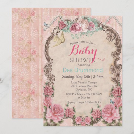  Shabby Chic Baby shower Bloemenuitnodiging Kaart (Voorkant / Achterkant)