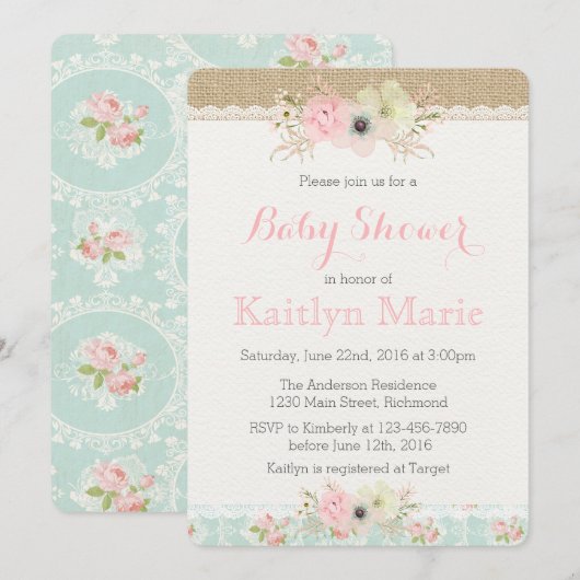 Shabby Chic Baby shower Invitation Kaart (Voorkant / Achterkant)