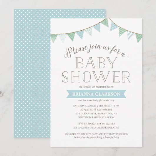 Shabby Chic Banners Blue | Uitnodiging tot Baby sh (Voorkant / Achterkant)