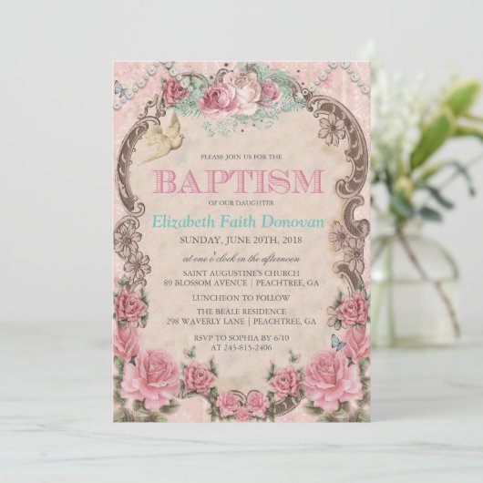  Shabby Chic Baptism Invitation Kaart (Staand voorkant)