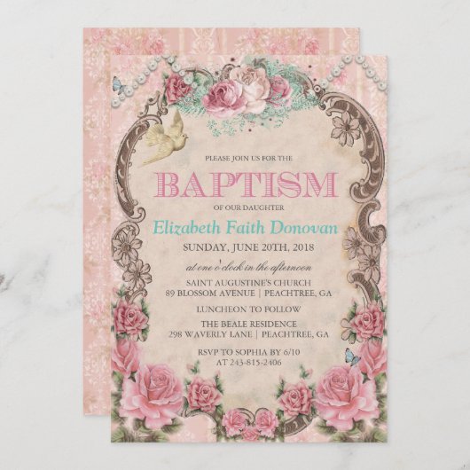 Shabby Chic Baptism Invitation Kaart (Voorkant / Achterkant)
