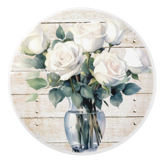 Shabby Chic Beach Wit Hout met Witte Rozen Keramische Knop (Voorkant)