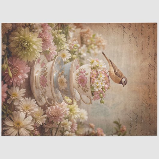 Shabby Chic Bird Teacups Decoupage Tissue Paper Tissuepapier (Voorkant)
