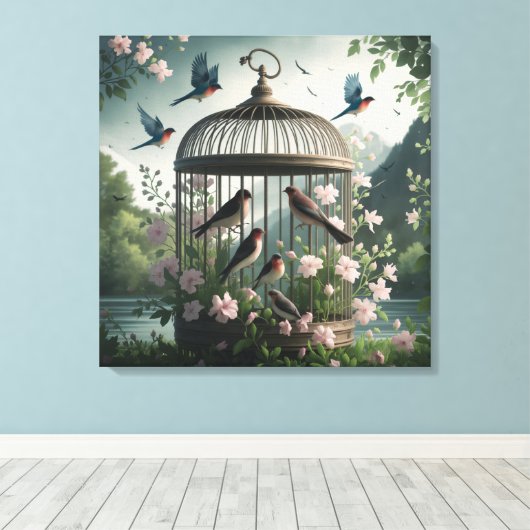 Shabby Chic Birdcage Canvas Art Afdruk (Insitu (Houten vloer))