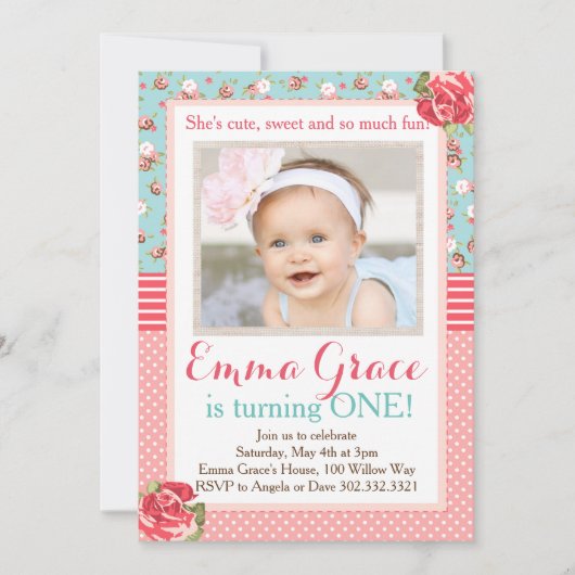 Shabby Chic Birthday Photo Invitation Kaart (Voorkant)