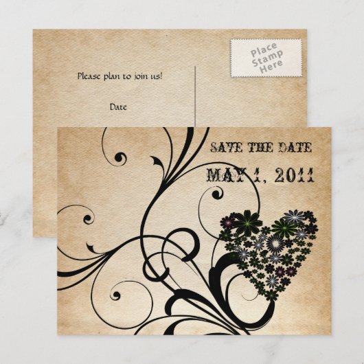 Shabby Chic Black Heart Bewaar de datum Aankondigingskaart (Voorkant / Achterkant)