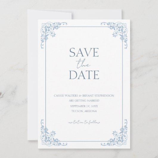 Shabby Chic Blauw en Wit Minimal Save the Date Kaart (Voorkant)