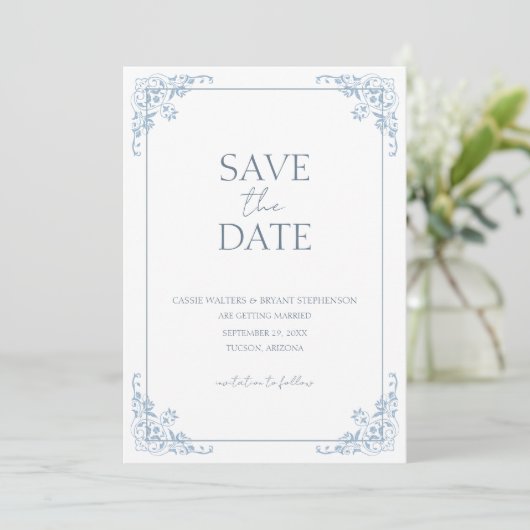 Shabby Chic Blauw en Wit Minimal Save the Date Kaart (Staand voorkant)