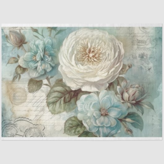 Shabby Chic Blauw Geïnspireerd Bloemen Decoupage Tissuepapier (Voorkant)