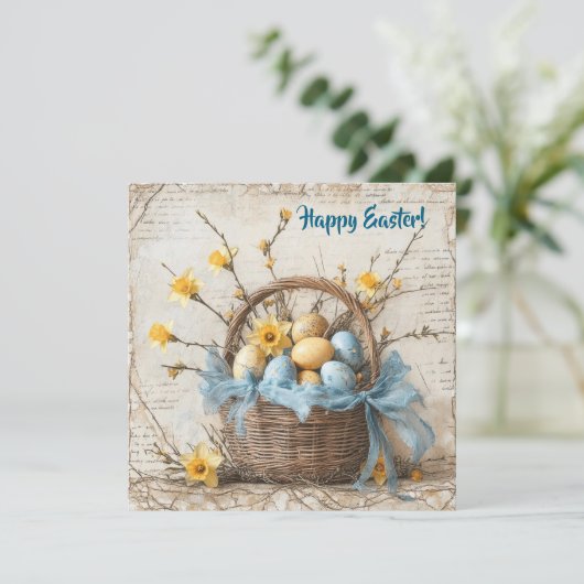  shabby chic blauw paaseieren in mandje feestdagenkaart (Staand voorkant)
