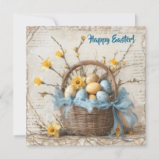  shabby chic blauw paaseieren in mandje feestdagenkaart (Voorkant)