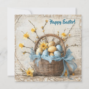  shabby chic blauw paaseieren in mandje feestdagenkaart