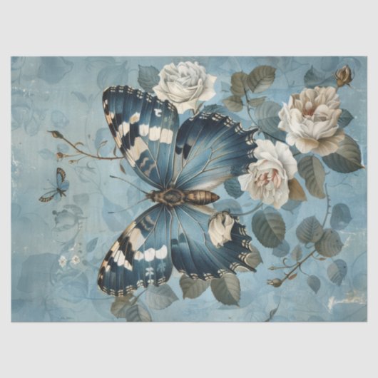 Shabby chic blauw vlinder & rozen tissue papier (Voorkant)