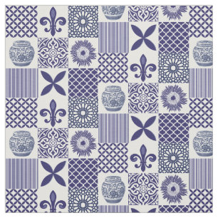 Shabby Chic Blauw Wit Zonnebloem Geometrisch Patro Stof
