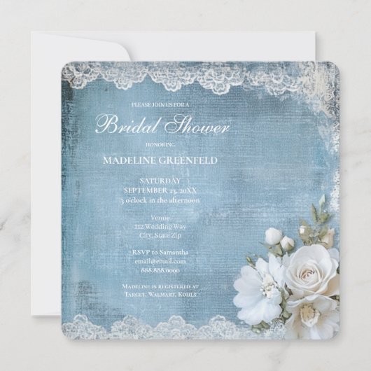 Shabby Chic Blauwe Bloem Bruidsfeest Kaart (Voorkant)
