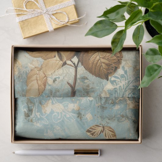 Shabby chic blauwe vlinder & witte rozen tissuepapier (Geschenk)