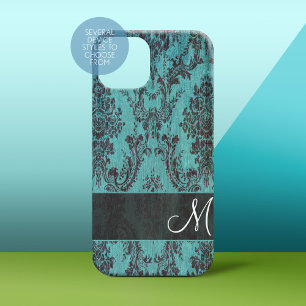 Shabby Chic Blauwgroen damask Pattern met Monogram iPhone 16 Hoesje