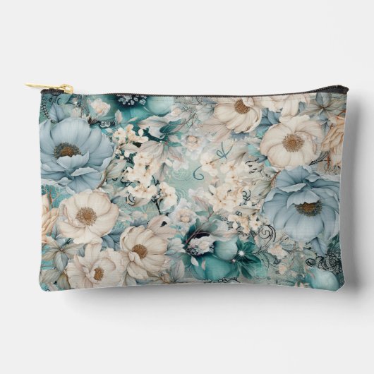 Shabby Chic Blauwgroen Pastel Bloemen Make-up Bag Etui (Voorkant)