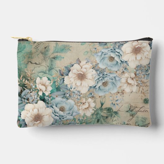 Shabby Chic Blauwgroen Pastel Bloemen Make-up Bag Etui (Voorkant)