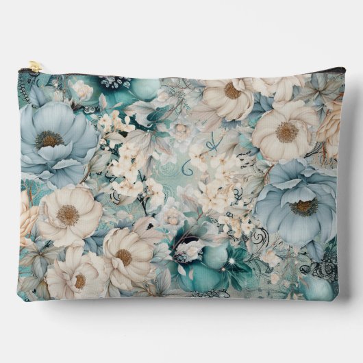 Shabby Chic Blauwgroen Pastel Bloemen Make-up Bag Etui (Voorkant)