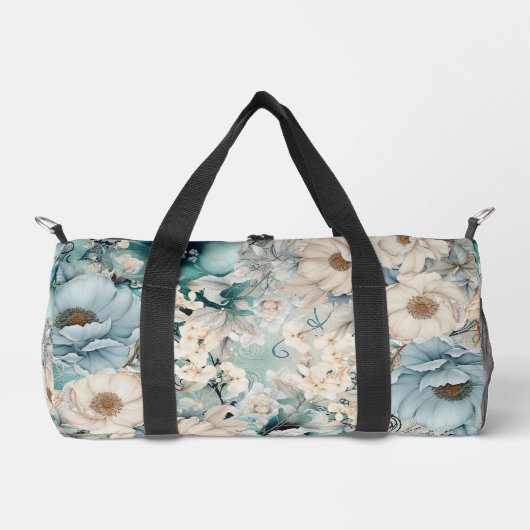 Shabby Chic Blauwgroen Pastel Floral Duffle Bag Plunjezak (Voorkant)
