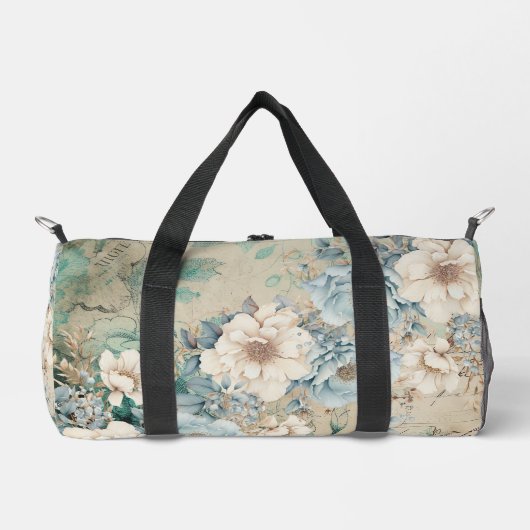 Shabby Chic Blauwgroen Pastel Floral Duffle Bag Plunjezak (Voorkant)