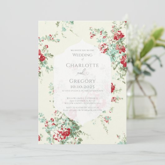 Shabby chic bloemen bruiloft kaart (Staand voorkant)