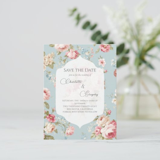 Shabby Chic bloemen bruiloft Save the Date Aankondigingskaart (Staand voorkant)