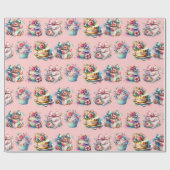 Shabby Chic Bloemen Roze en Blauw Verjaardag Cadeaupapier (Vlak)