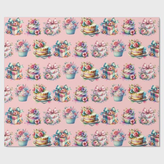 Shabby Chic Bloemen Roze en Blauw Verjaardag Cadeaupapier (Vlak)