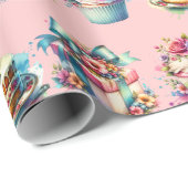 Shabby Chic Bloemen Roze en Blauw Verjaardag Cadeaupapier (Rol Hoek)