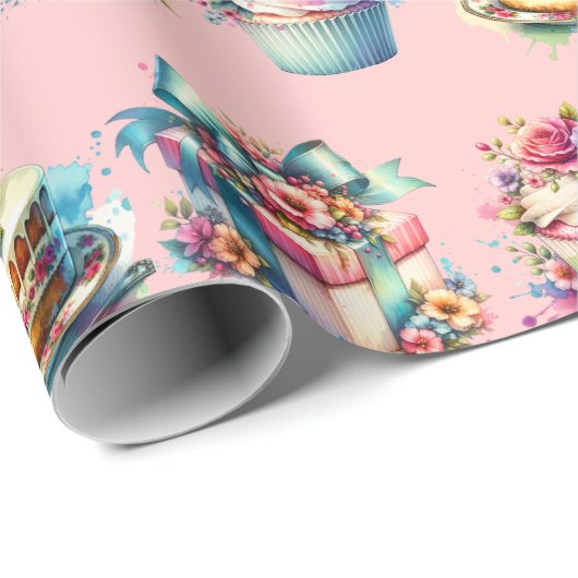 Shabby Chic Bloemen Roze en Blauw Verjaardag Cadeaupapier (Rol Hoek)