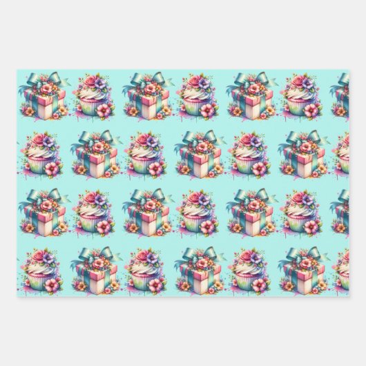 Shabby Chic Bloemen Roze en Blauw Verjaardag Inpakpapier Vel (Voorkant 3)