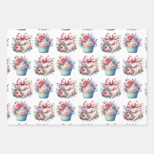 Shabby Chic Bloemen Roze en Blauw Verjaardag Inpakpapier Vel (Voorkant 2)