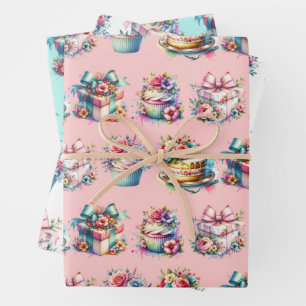 Shabby Chic Bloemen Roze en Blauw Verjaardag Inpakpapier Vel