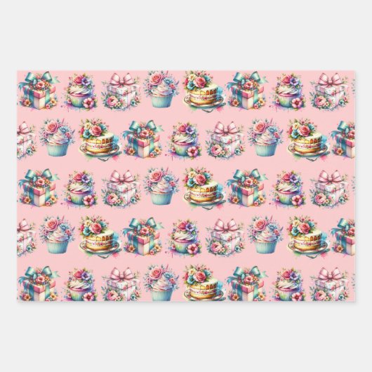 Shabby Chic Bloemen Roze en Blauw Verjaardag Inpakpapier Vel (Voorkant)