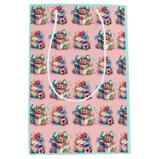 Shabby Chic Bloemen Roze en Blauw Verjaardag Medium Cadeauzakje (Voorkant)