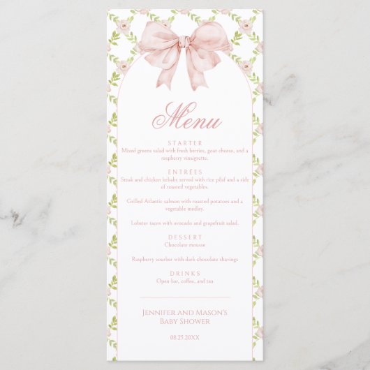 Shabby Chic Bloemen Schattige Roze Bow Baby Meisje Menu (Voorkant)