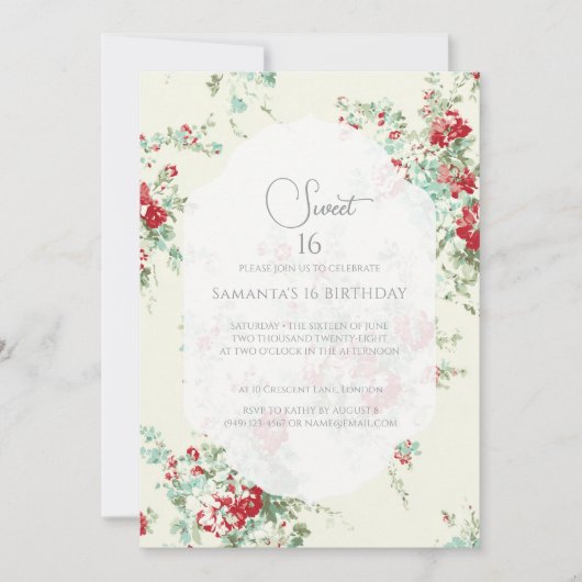 Shabby chic bloemen Sweet 16 Kaart (Voorkant)