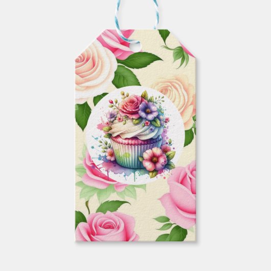 Shabby Chic Bloemen Verjaardag Cupcake Naar en Van Cadeaulabel (Voorkant)